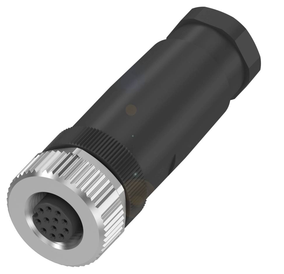 Schwarzer zylindrischer Stecker mit silbernem, geripptem Anschlussstück und mehreren Kontaktpunkten an der Vorderseite.