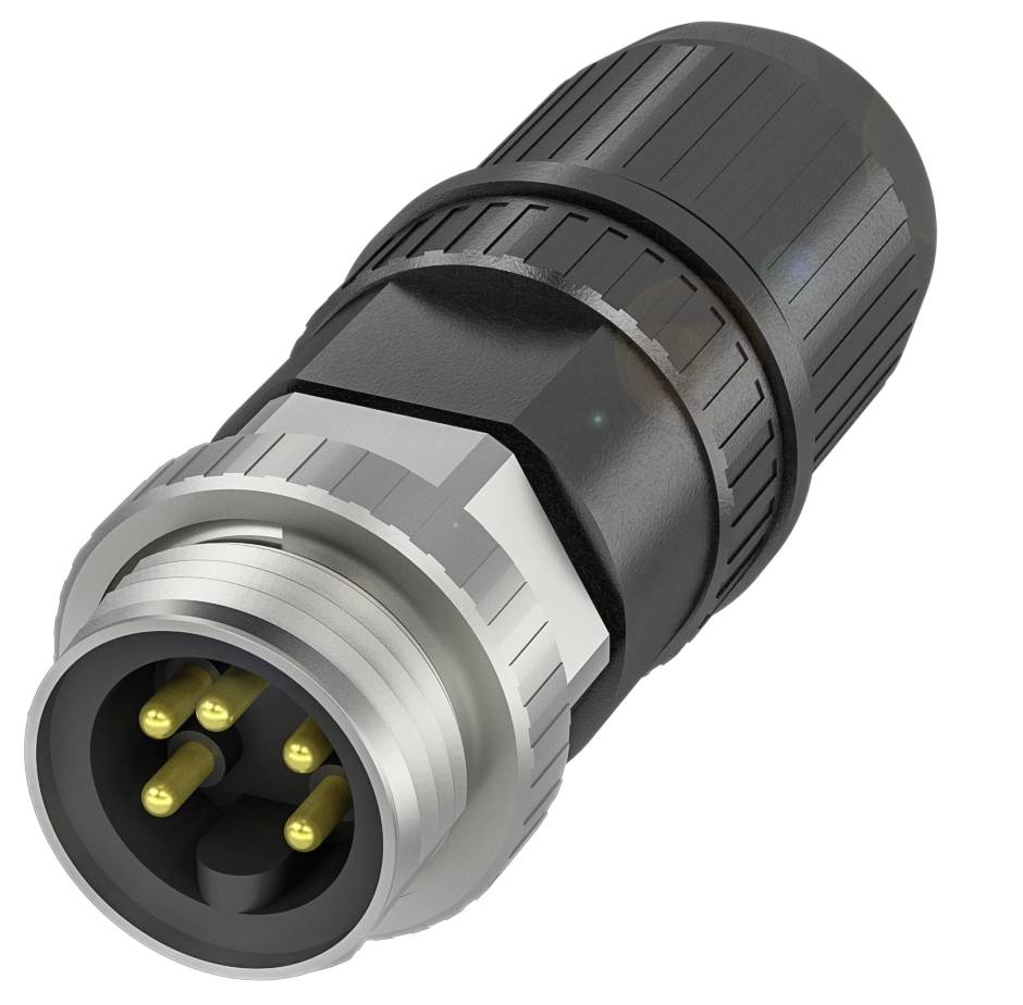 Ein schwarzer und silberner elektrischer Steckverbinder mit mehreren goldenen Pins, genutzt für industrielle Verkabelung.