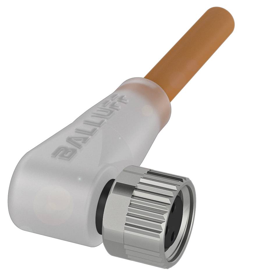 Winkelstecker mit orangem Kabel, silberfarbener Schraubverschluss, beschriftet mit 'Balluff'. Geeignet für industrielle Anwendungen.
