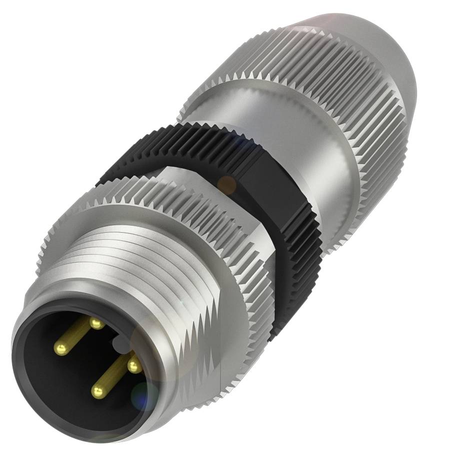 Ein silberner zylindrischer Metallstecker mit drei goldenen Stiften, geeignet für industrielle Anwendungen und robuste Verbindungen.