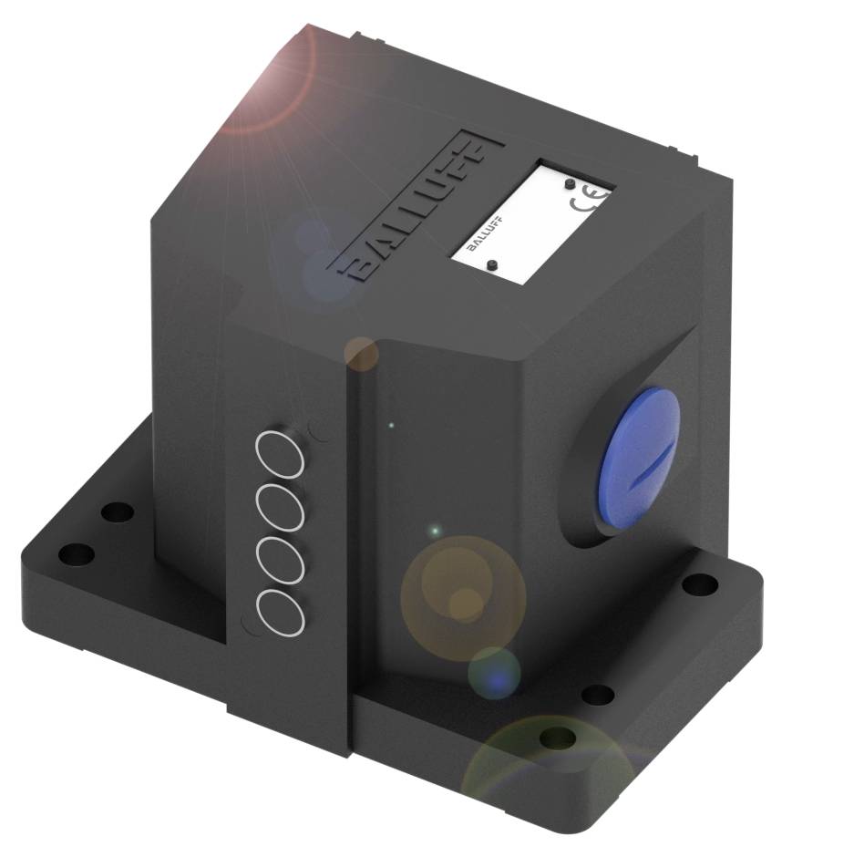 Ein schwarzer, rechteckiger Sensor mit blauer Taste, der auf einer Montageplatte befestigt ist. Oben das Logo und ein kleines Display.