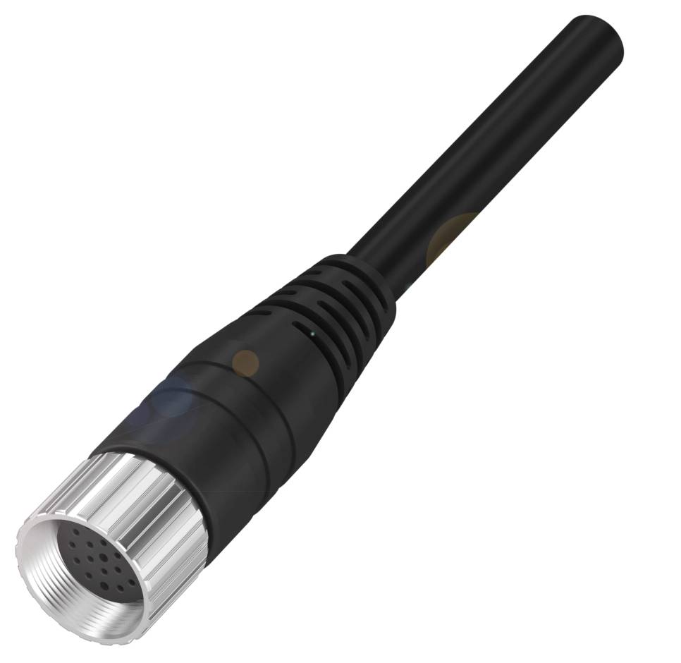 Ein schwarzes, zylindrisches elektrisches Bauteil mit metallischem Anschluss, möglicherweise ein Mikrofon oder Antenne.