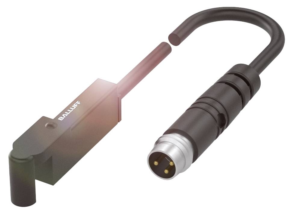 Induktiver Sensor mit Anschlusskabel, geeignet für industrielle Anwendungen. Das Kabel endet mit einem runden Stecker mit vier Pins.