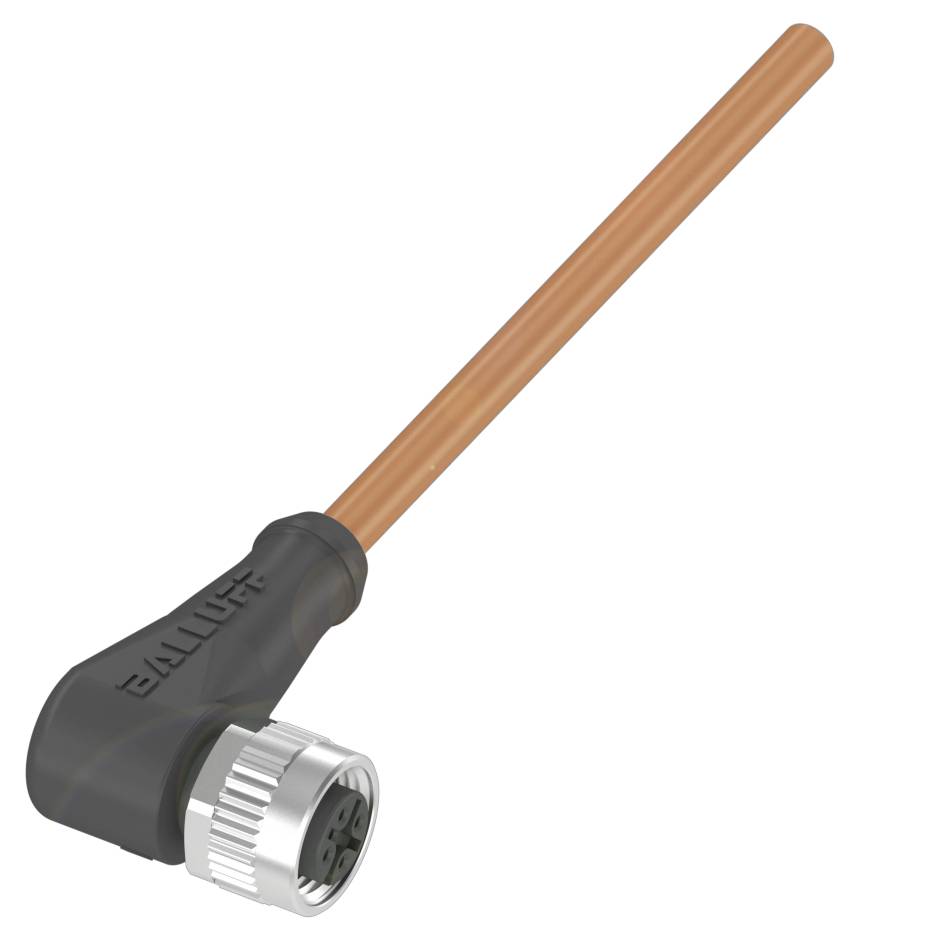 Ein schwarzer Industriesteckverbinder mit einem braunen Leitungskabel, Aufschrift 'BALLUFF'. Geeignet für industrielle Anwendungen.