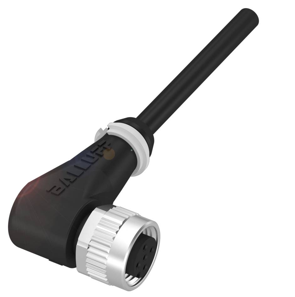 Ein schwarzer industrieller Winkelstecker mit Metallgewinde und Steckverbindung. Geeignet für Sensoren oder Elektronikverkabelung.