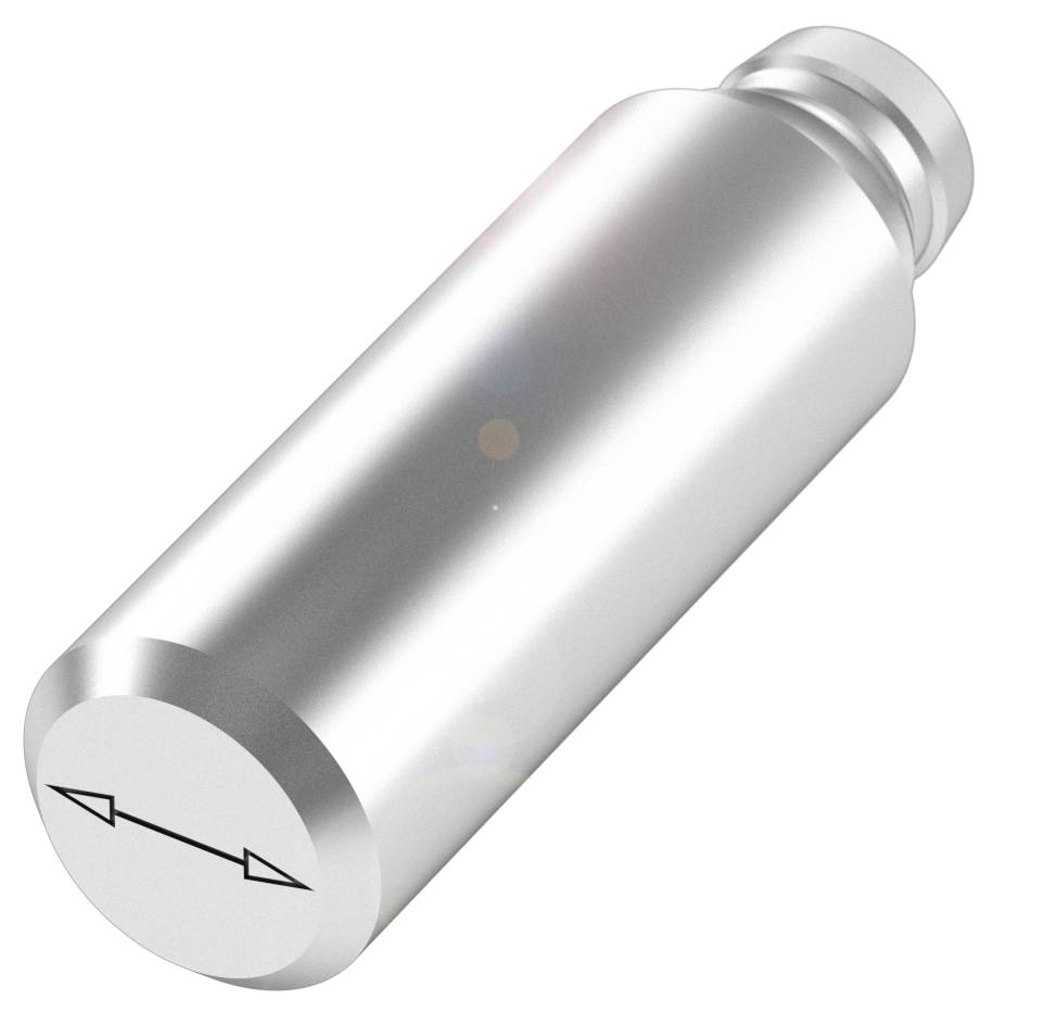 Ein silberner zylindrischer Metallstift mit Pfeilen auf der Stirnseite, die den Durchmesser anzeigen.