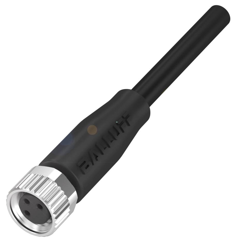 Schwarzer M8-Kabelstecker mit Metallgewinde und drei Pins. Wird für industrielle Sensorverbindungen verwendet.