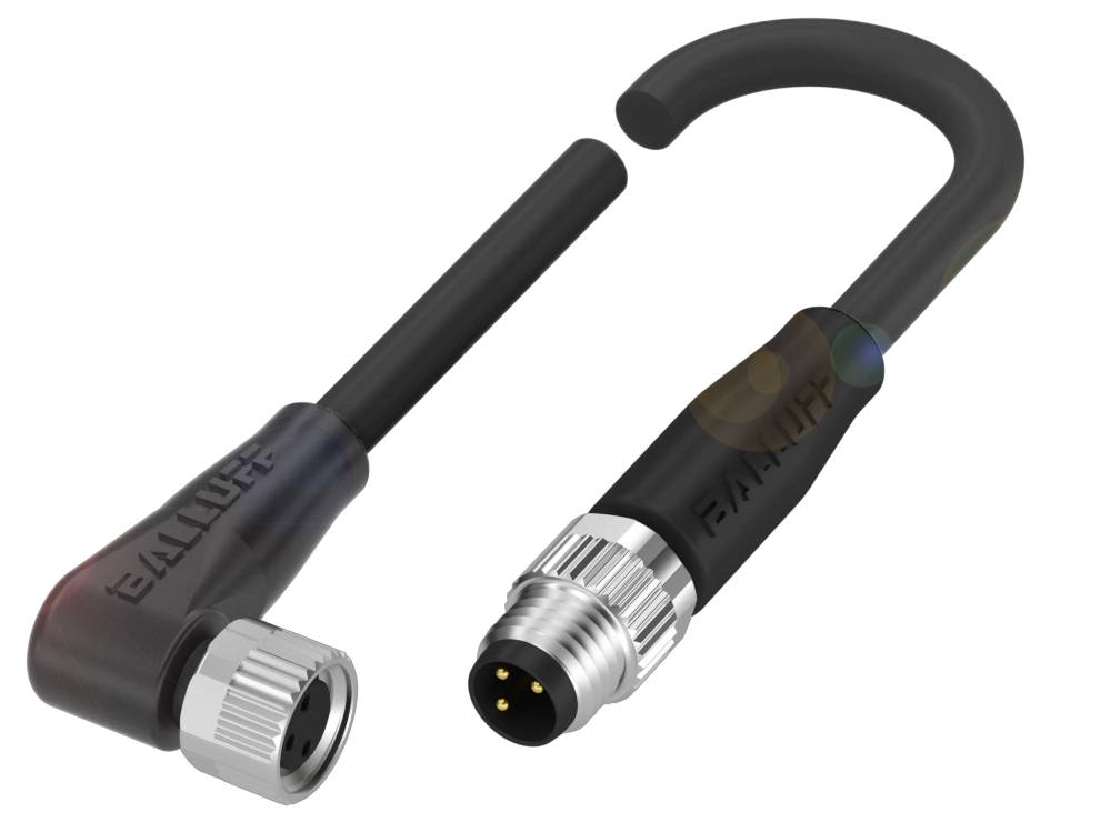 Stecker und Buchse eines gewinkelten, schwarz-grauen Verbindungskabels. Stecker mit vier Pins, geeignet für industrielle Anwendungen.