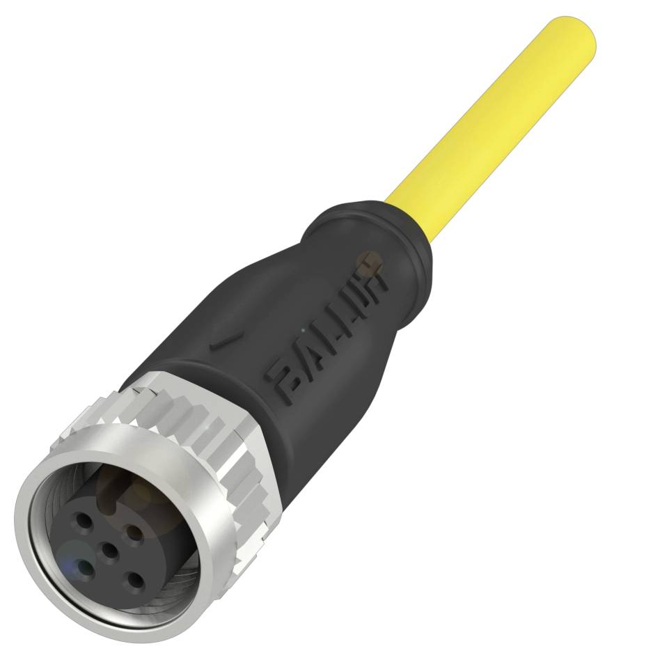 Ein schwarzes und metallisches Kabel, gelb ummantelt, mit rundem Steckverbinder. Geeignet für industrielle Verbindungen und Anwendungen.