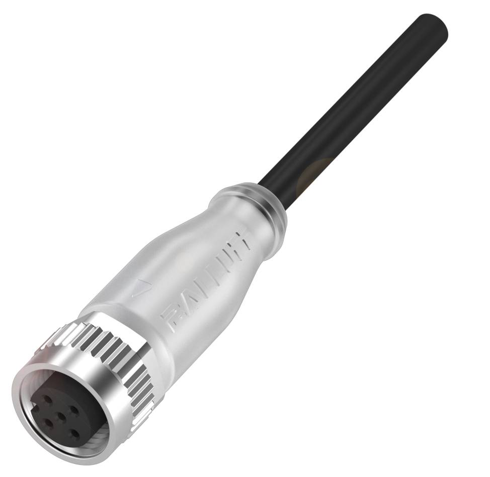Ein silberner, runder Stecker mit schwarzem Kabel, typischerweise für industrielle Verbindungen verwendet.