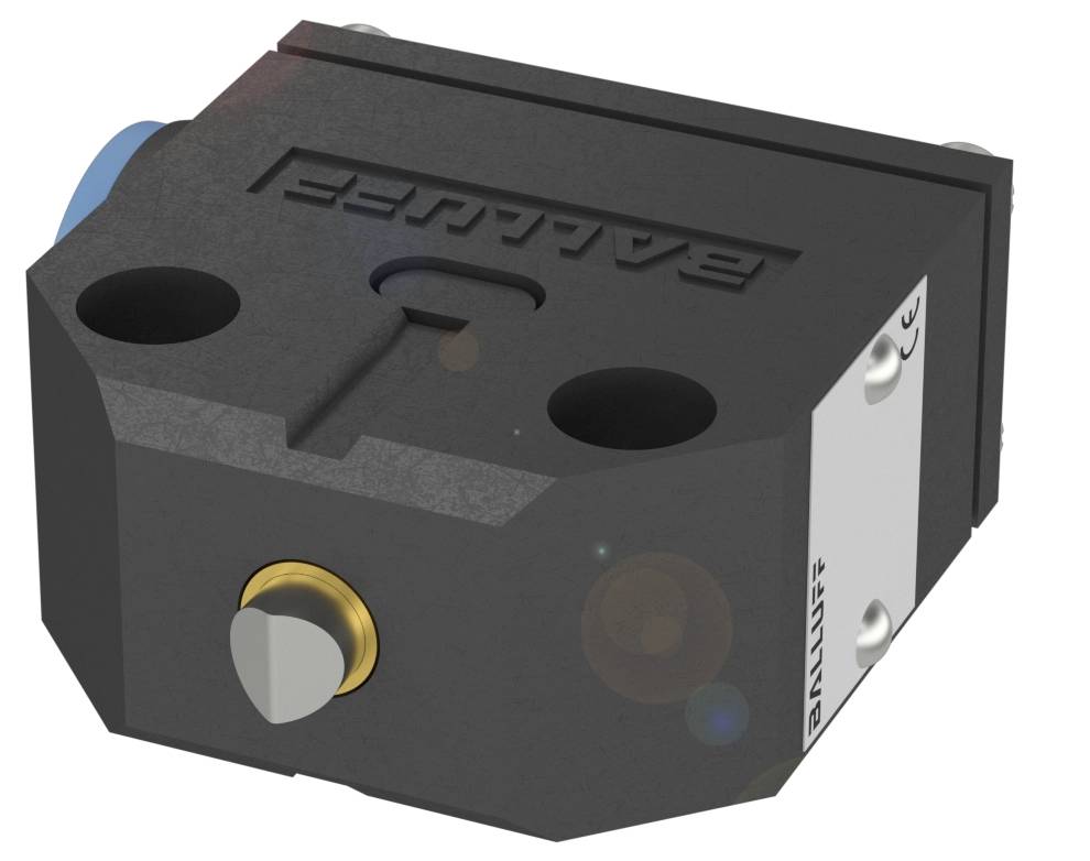 Ein schwarzer Sensor mit zwei runden Löchern und einem goldfarbenen Anschluss vorne, seitlicher Markenaufdruck, rechteckige Form.