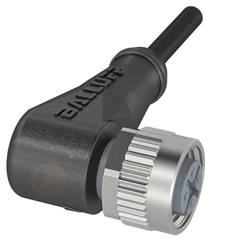 Ein schwarzer, abgewinkelter Stecker mit metallischem Gewinde, geeignet für industrielle Anwendungen zur Verbindung oder Stromversorgung.