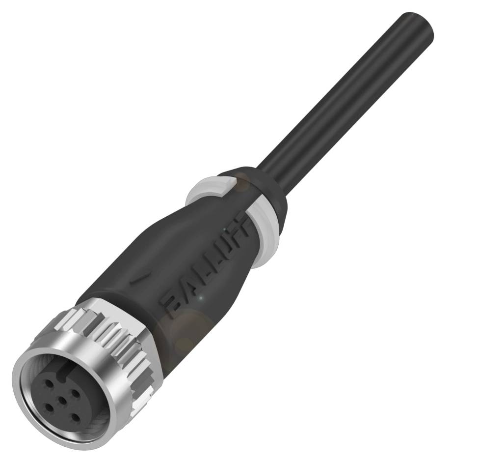 Schwarzer, zylindrischer elektrischer Stecker mit einem Metallgewinde und mehreren runden weiblichen Steckplätzen.