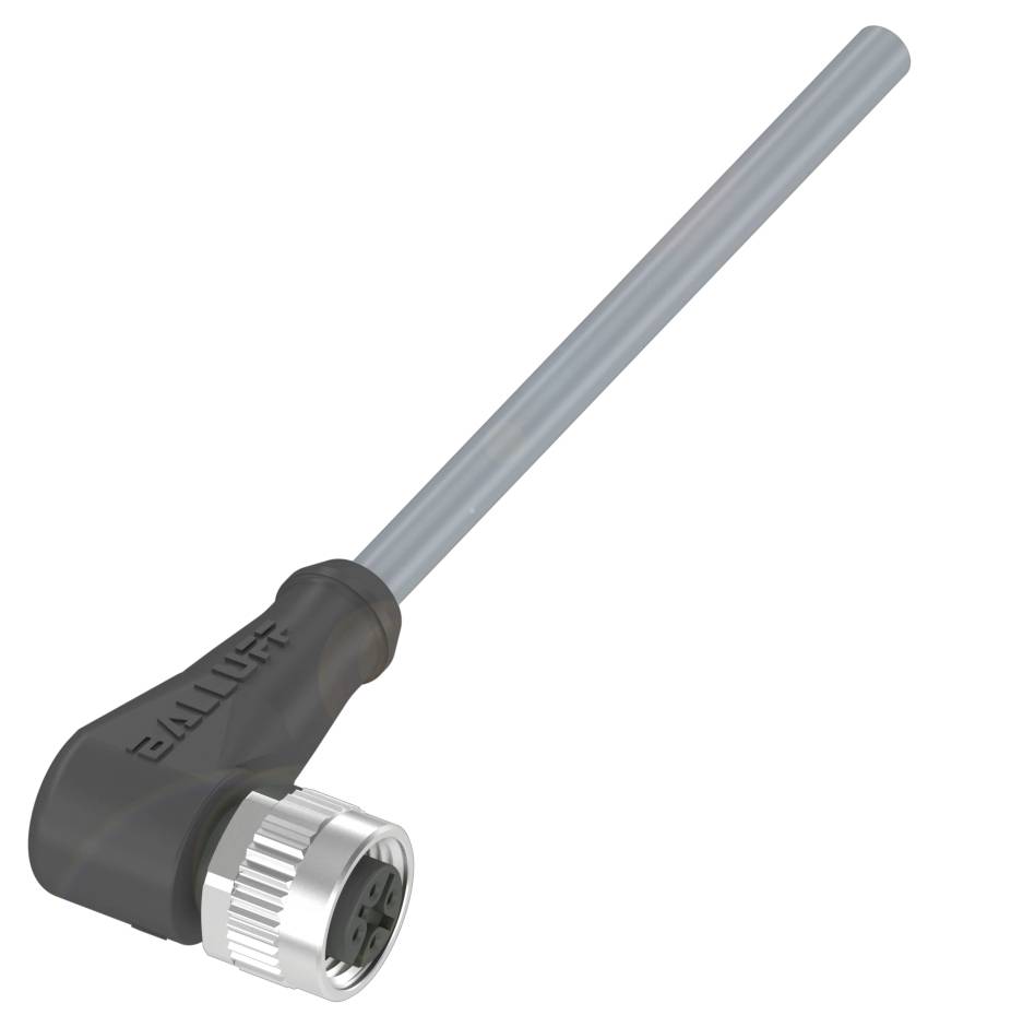 Ein M8-Winkelstecker mit gerader Leitung. Der Anschluss ist schwarz und die Leitung silberfarben. Auf dem Stecker steht 'Bollhoff'.