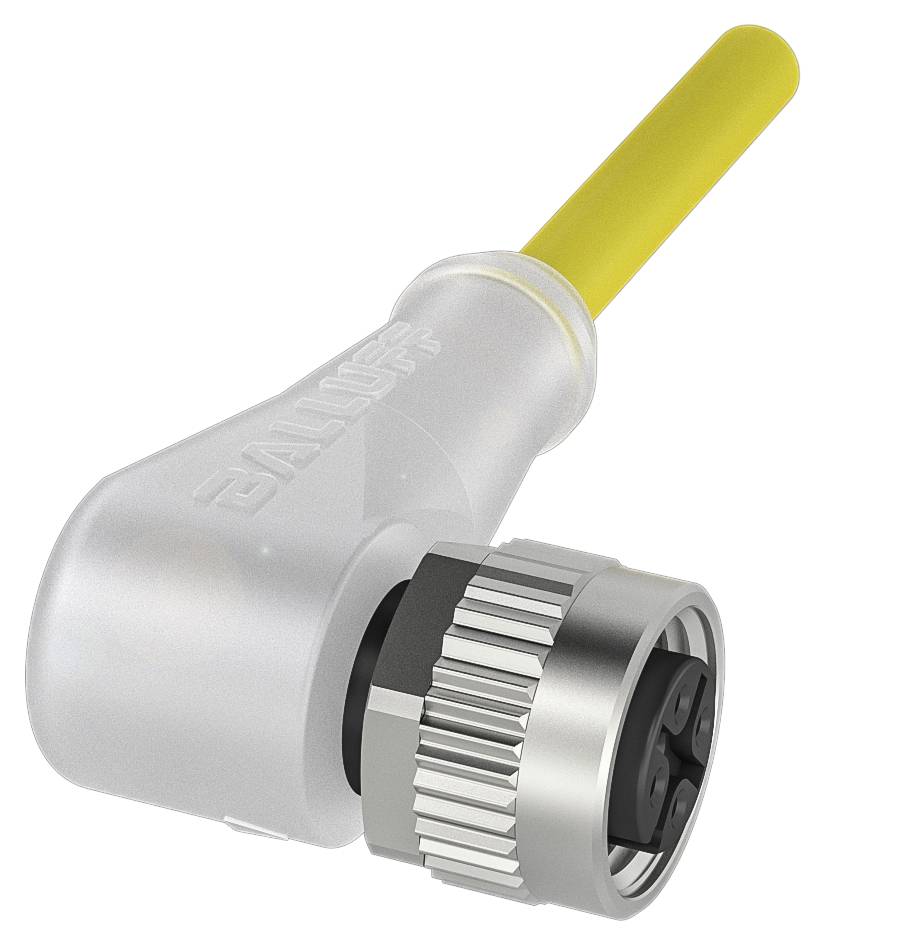 Ein weißer Winkelsensorstecker mit gelbem Kabel und silbernem Schraubverschluss, geeignet für industrielle Anwendungen.