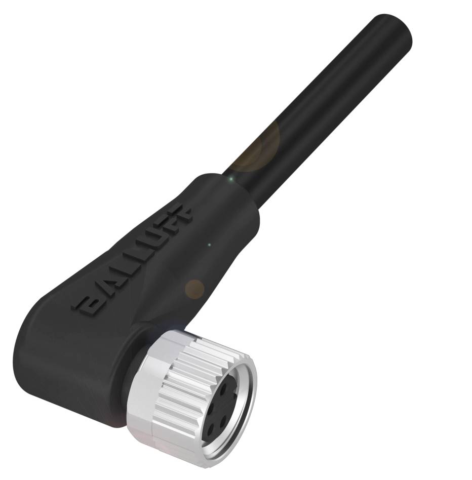 Ein schwarzer Kabelstecker mit silbernem Metallanschluss in einem abgewinkelten Design, geeignet für industrielle Anwendungen.