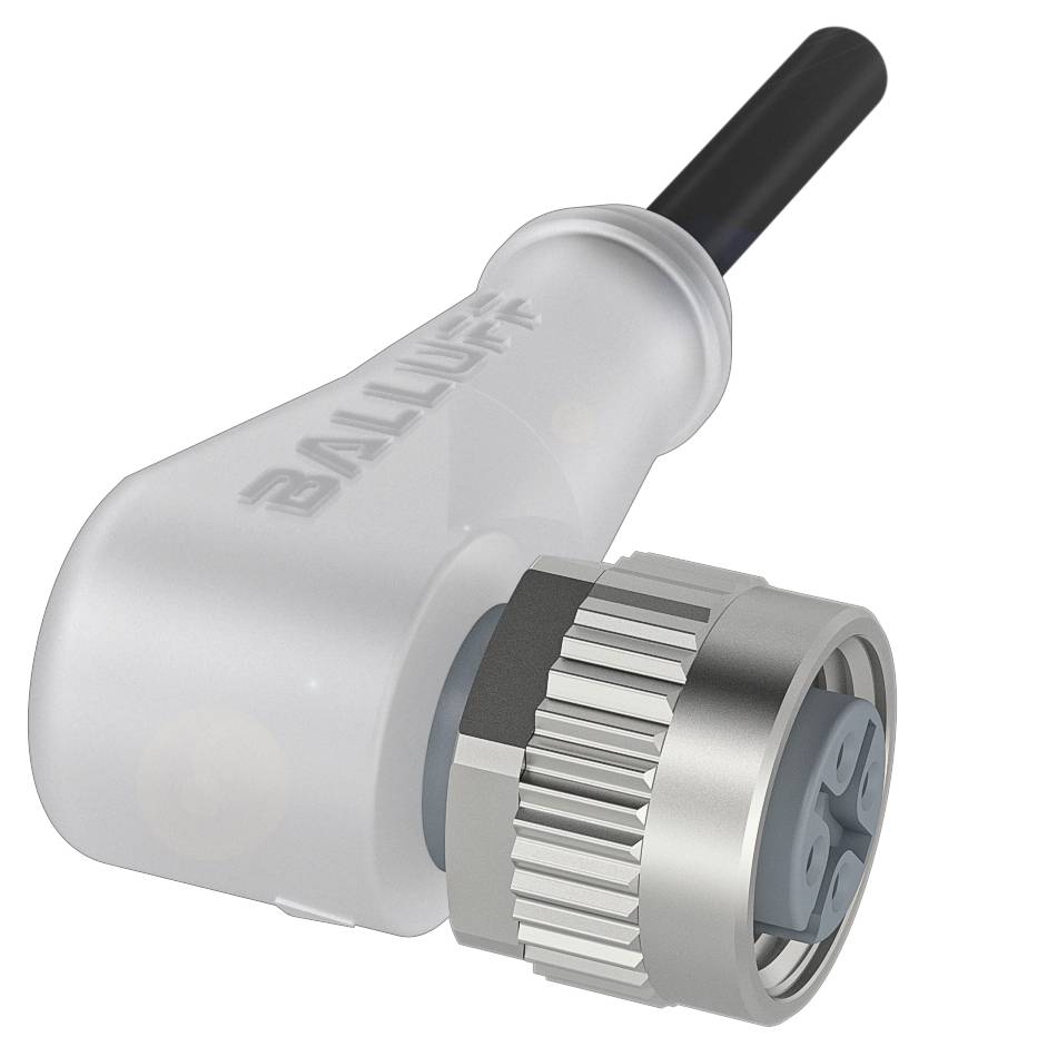 Ein abgewinkelter Industrie-Steckverbinder mit Kabel, beschriftet mit 'Balluff'; für eine robuste elektrische Verbindung in automatisierten Systemen.