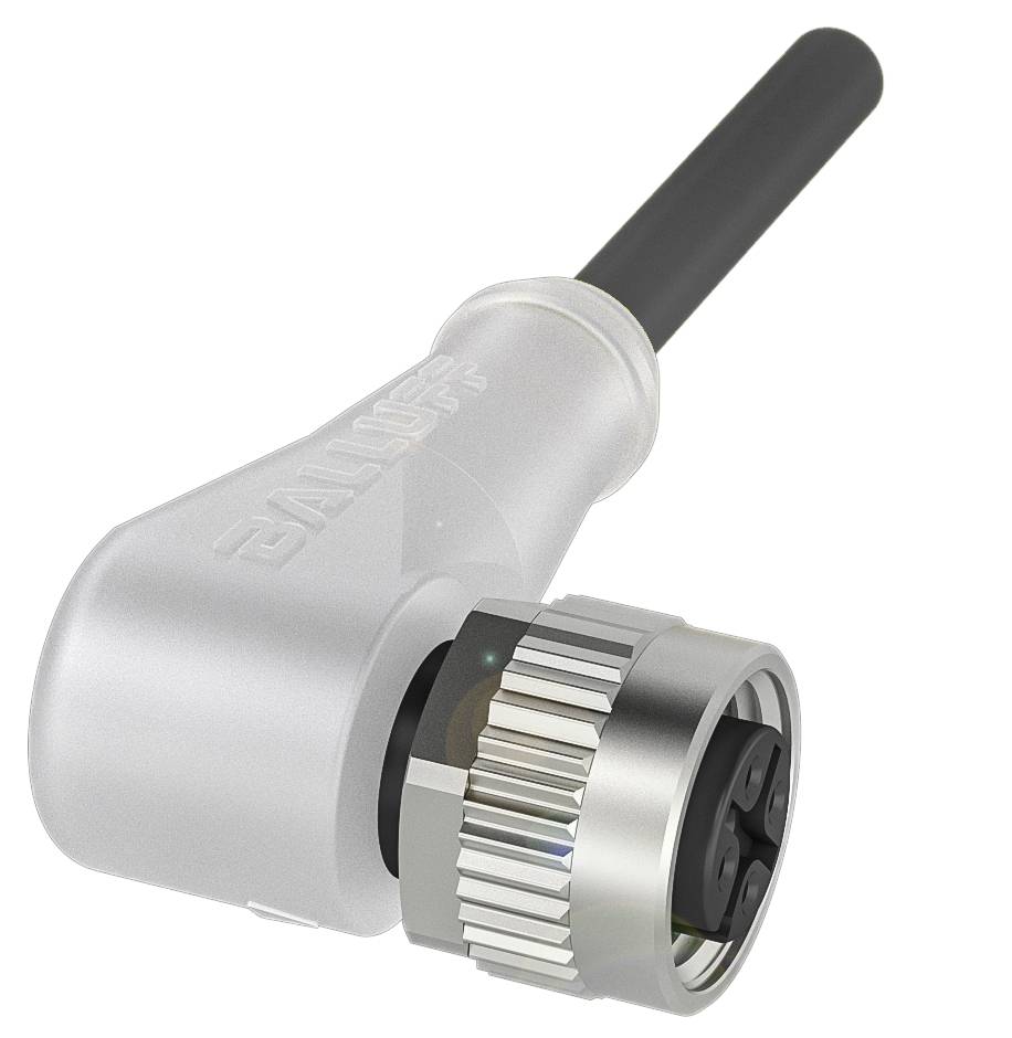 Winkelsensor mit Metallstecker und schwarzem Kabel. Verwendet zur Positionsüberwachung und -kontrolle in industriellen Anwendungen.