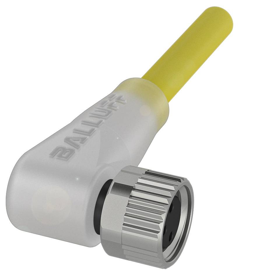 Stecker mit gelbem Kabel und metallischen Schraubanschluss. Aufschrift 'Balluff' sichtbar. Industriezubehör für elektrische Verbindungen.