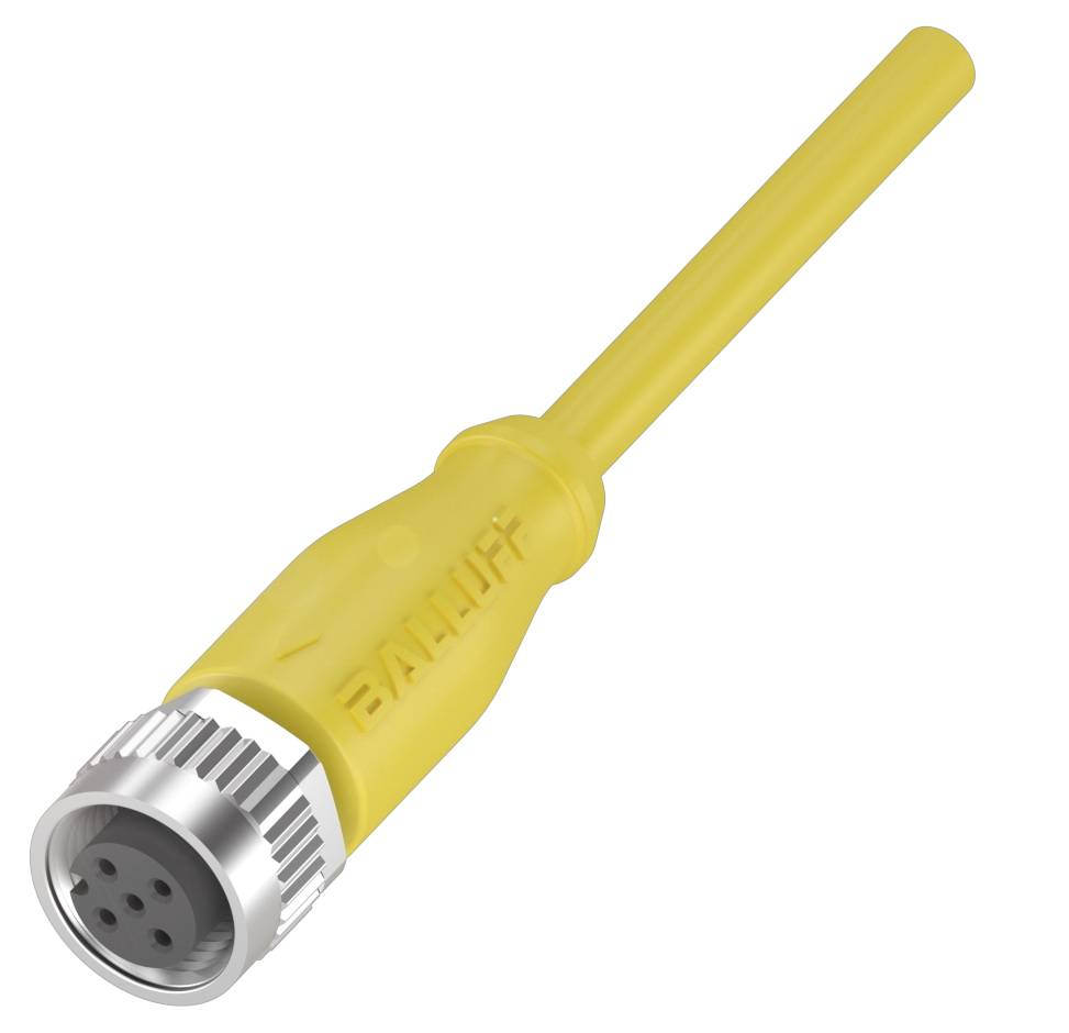 Gelber Sensorkabelstecker mit Metallgewinde und mehreren Steckplätzen. Verwendet zum Anschluss von Sensoren in Automatisierungssystemen.