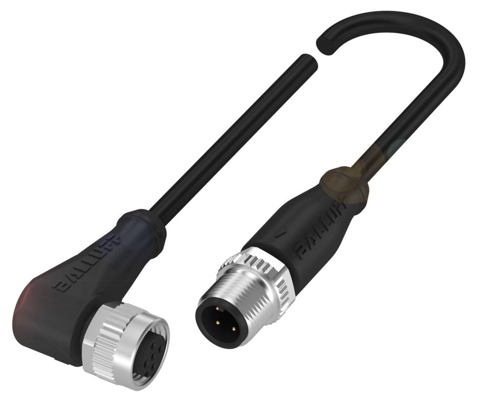 Zwei schwarze M12-Stecker, einer mit 90-Grad-Winkel, der andere gerade, beide mit Metallverschlüssen für Industrieanwendungen.