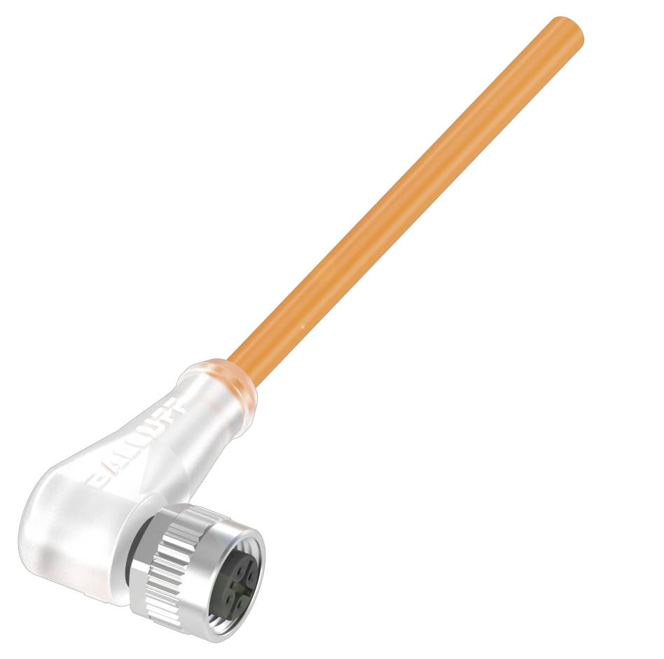 Ein Sensor mit einem orangefarbenen Kabel und einem silbernen Stecker, möglicherweise für industrielle Anwendungen.
