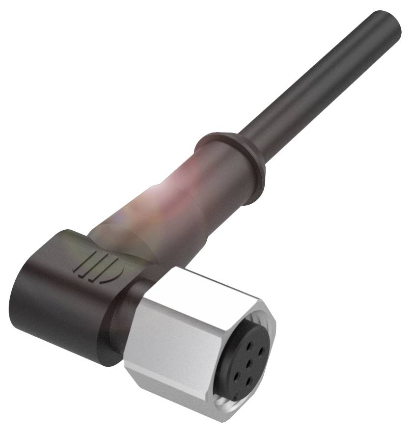 Schwarzer rechtwinkliger Elektronikstecker mit Kunststoffgehäuse und silbernem sechseckigem Anschluss.