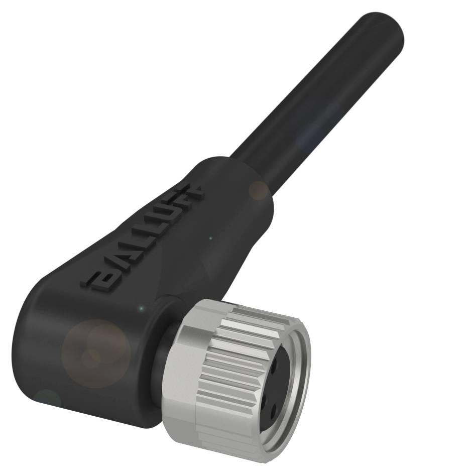 Schwarzer 90-Grad-Winkelstecker mit Metallverschluss, geeignet für industrielle Anwendungen, Marke auf dem Gehäuse ersichtlich.