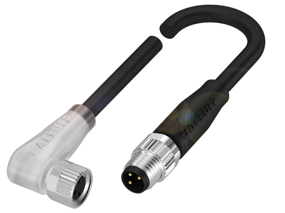 Schwarzes L-förmiges M8-Kabel mit männlicher und weiblicher Steckverbindung für industrielle Steuerungssysteme.