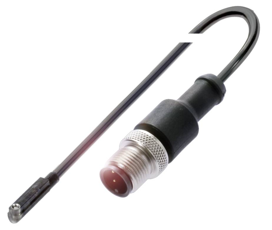 Schwarzes Kabel mit abgewinkeltem Stecker, Metallgewinde und drei sichtbaren Pins, vermutlich Teil eines elektronischen Verbindungssystems.