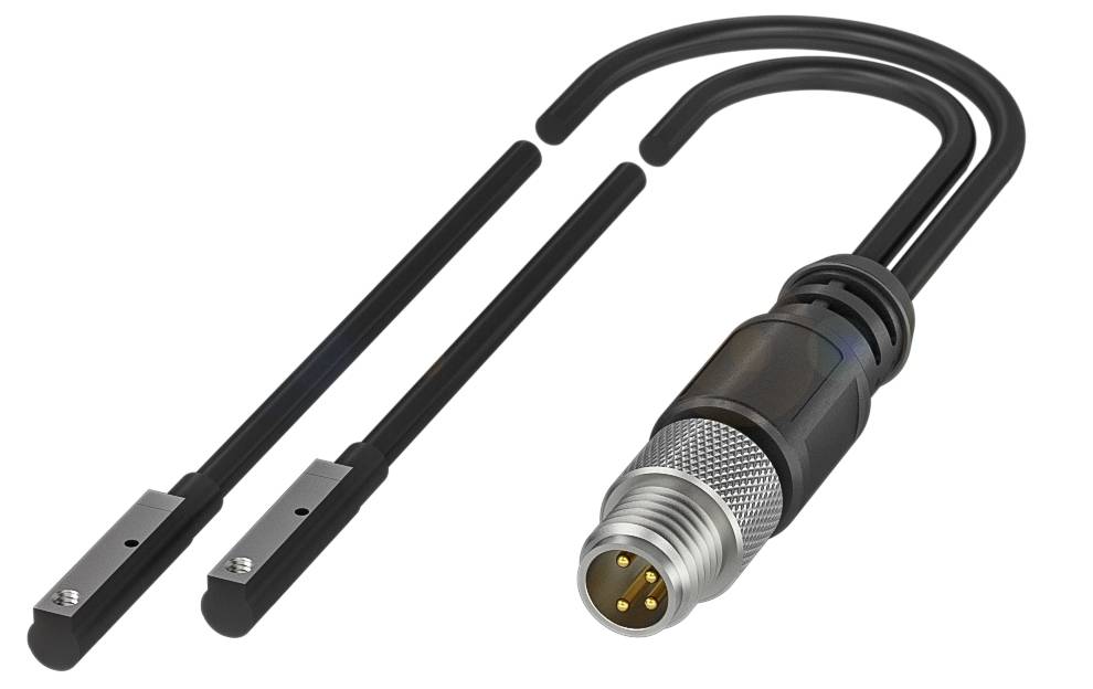 Ein Kabel mit zwei schwarzen Anschlüssen und einem Metallstecker mit vier goldenen Kontakten, geeignet für elektronische Verbindungen.