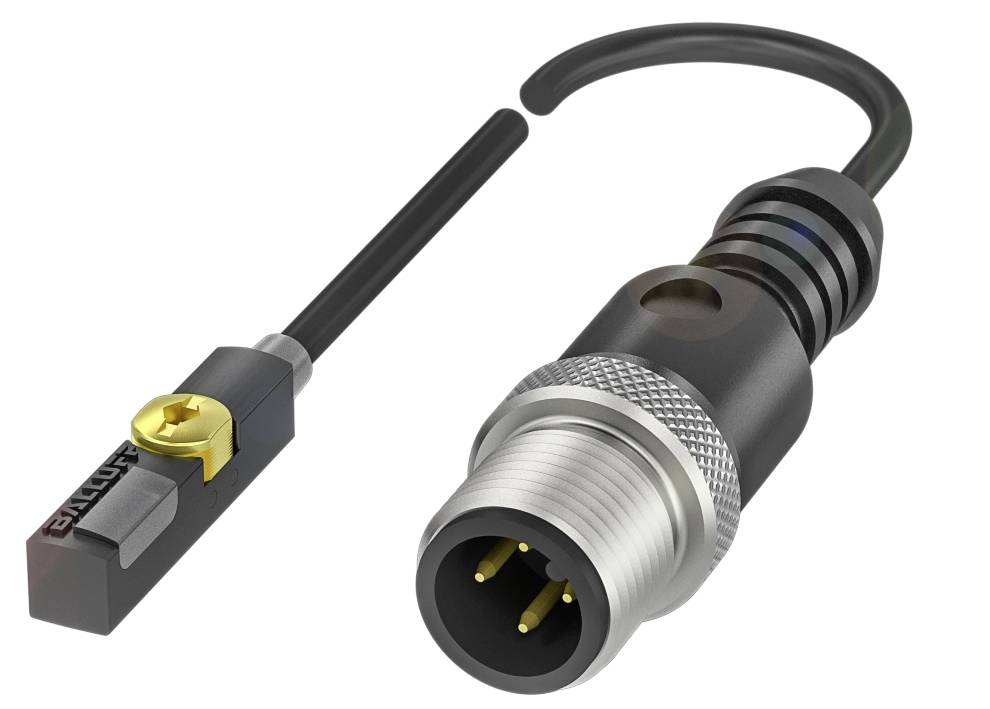 Ein elektrischer Steckverbinder mit einem Stecker und einem Gehäuse. Der Stecker hat drei goldene Pins, das Gehäuse ist schwarz.