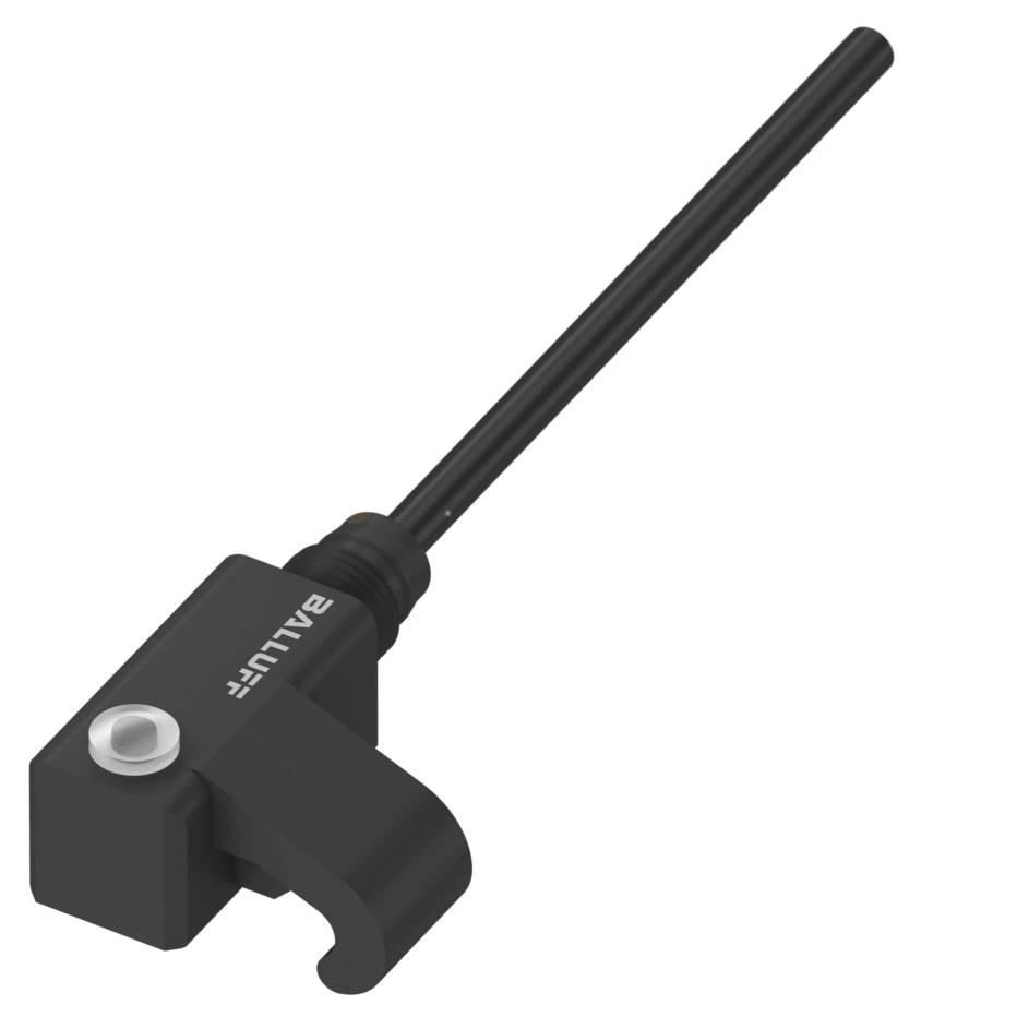 Ein rechteckiger Sensor von Balluff mit langem Stab nach rechts. Der Sensor ist zur berührungslosen Objekterkennung geeignet.
