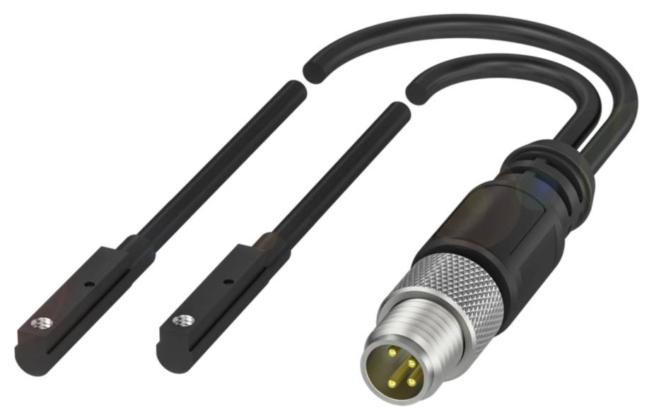 Schwarze Kabel mit rechteckigen Sensoren und einem runden Stecker an einem Ende. Geeignet für elektronische Verbindungen.