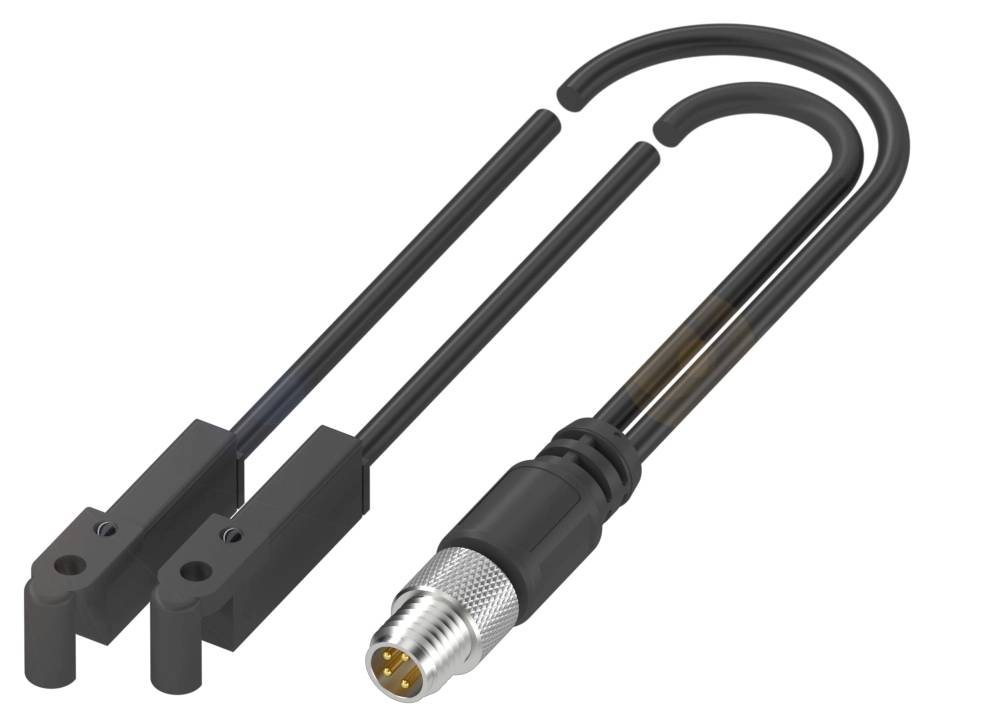 Ein schwarzer U-förmiger Metallbügel mit einem Stecker an einem Ende und zwei rechteckigen Sensoren am anderen.