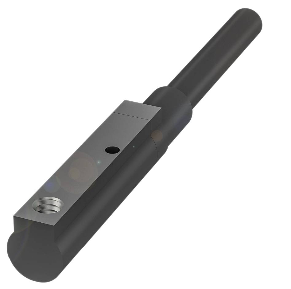 Schwarzes Metallbauteil mit zylinderförmigem Griff und Bohrung an der Seite.
