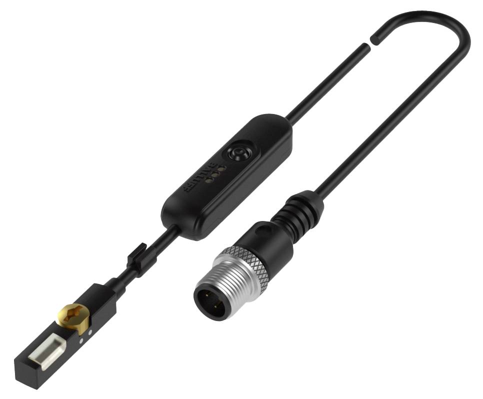 Schwarzes elektronisches Kabel mit M8-Steckverbinder und rechteckigem Modul in der Mitte, geeignet für industrielle Anwendungen.