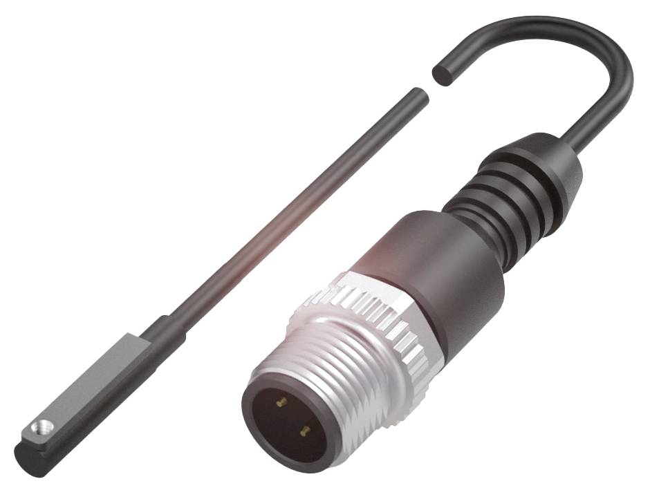 Ein schwarzer Kabelstecker mit einem gebogenen Ende und zwei sichtbaren Stiften neben einem geraden, stabartigen Metallobjekt.