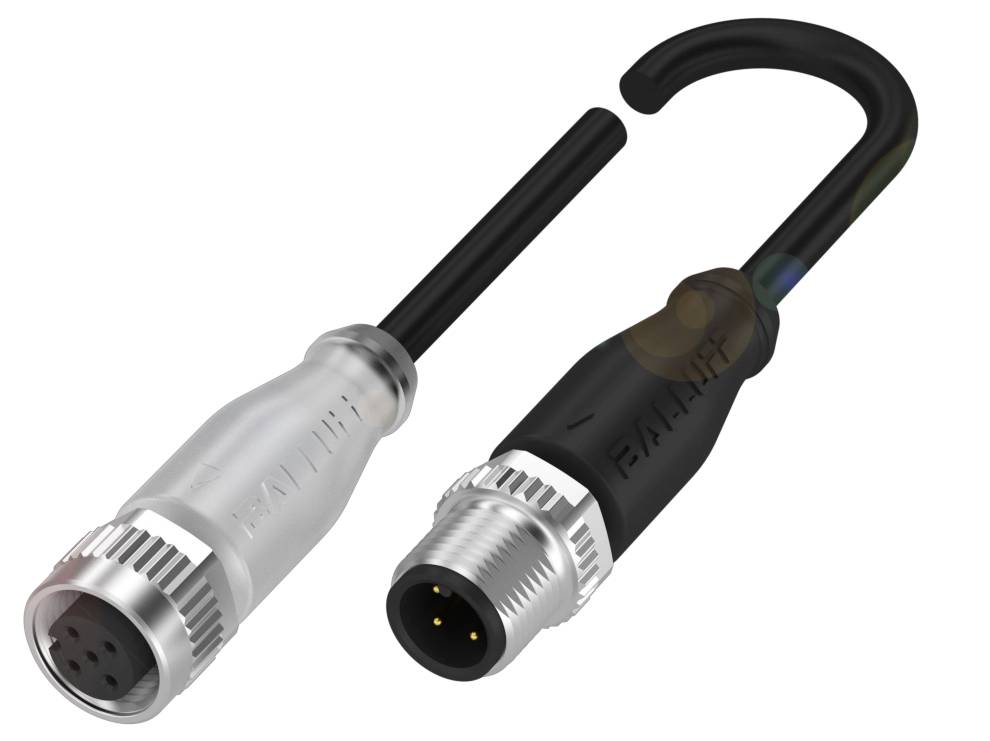 Zwei Steckverbinder: links ein fünfpoliger Buchsenteil in Silber, rechts ein dreipoliger Stecker in Schwarz.