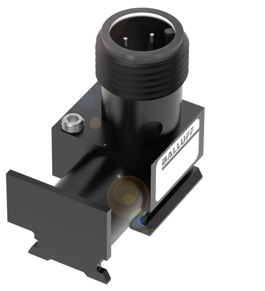 Ein schwarzer elektrischer Steckverbinder mit einem runden Stecker und einem rechteckigen Gehäuse, auf dem 'Balluff' steht.