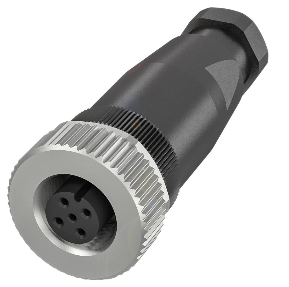 Ein schwarzer, zylindrischer Stecker mit geriffeltem silbernen Rand und mehreren Löchern in der Mitte.