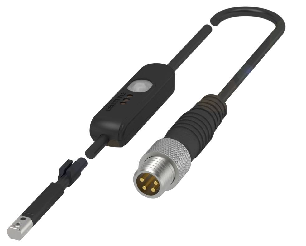 Kabel mit rechteckigem und rundem Stecker. Der rechteckige Stecker hat ein Sensor-Element, der runde Stecker dient zur Verbindung.