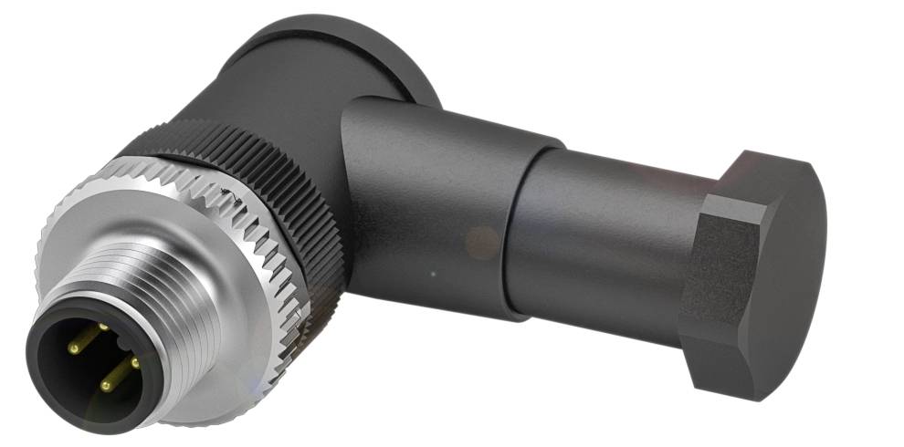 Industrie-Steckverbinder mit drei Pins, robustes schwarzes Gehäuse, silberner Anschlussring.
