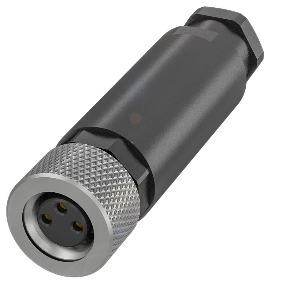 Ein schwarzer zylindrischer Stecker mit metallischer, gerändelter Oberfläche am Ende und drei sichtbaren Kontakten.