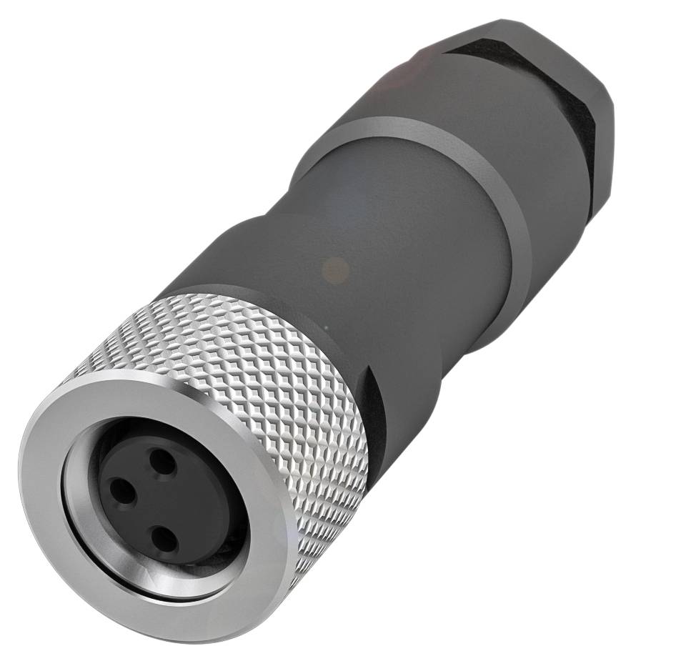 Ein schwarzer, zylindrischer Stecker mit silbernem, geriffelten Metallring in der Mitte. Er hat drei Löcher an einem Ende.