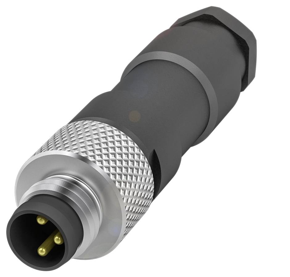 Schwarzer runder Elektronik-Stecker mit silbernem Kabelanschluss, drei goldenen Pins und geriffelter Metallhülle für sichere Verbindung.