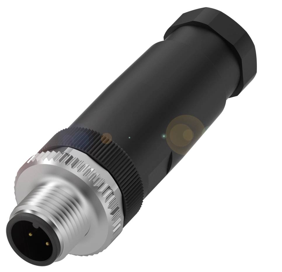 Ein schwarzer, zylindrischer Stecker mit einem silbernen Metallgewinde, geeignet für industrielle Anwendungen oder Elektrotechnik.