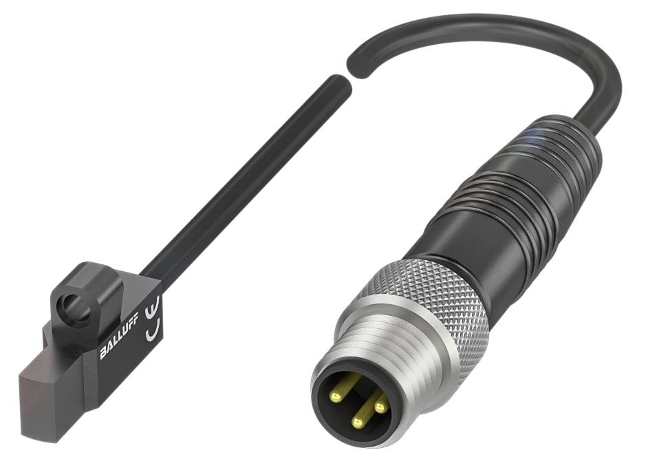 Ein rechteckiger Sensor von 'Balluff' mit einem dreipoligen Steckerkabel. Der Sensor ist kompakt und für industrielle Anwendungen geeignet.