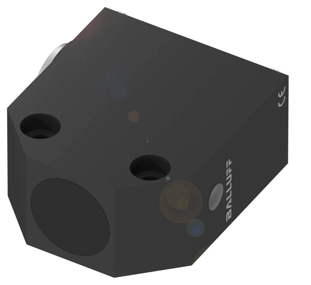 Ein rechteckiger schwarzer Sensor mit abgerundeten Kanten und einem sichtbaren Logo auf der Seite.