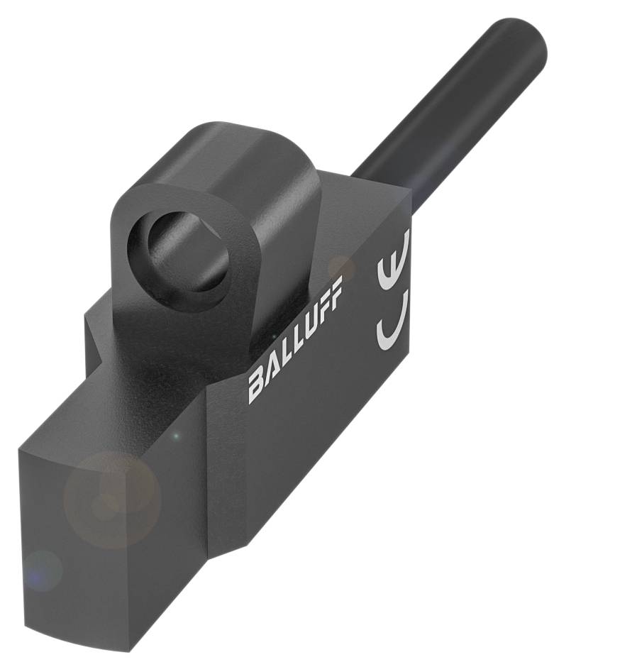 Ein schwarzer, rechteckiger Sensor von Balluff mit CE-Kennzeichnung und Kabelanschluss. Wird in industriellen Anwendungen verwendet.